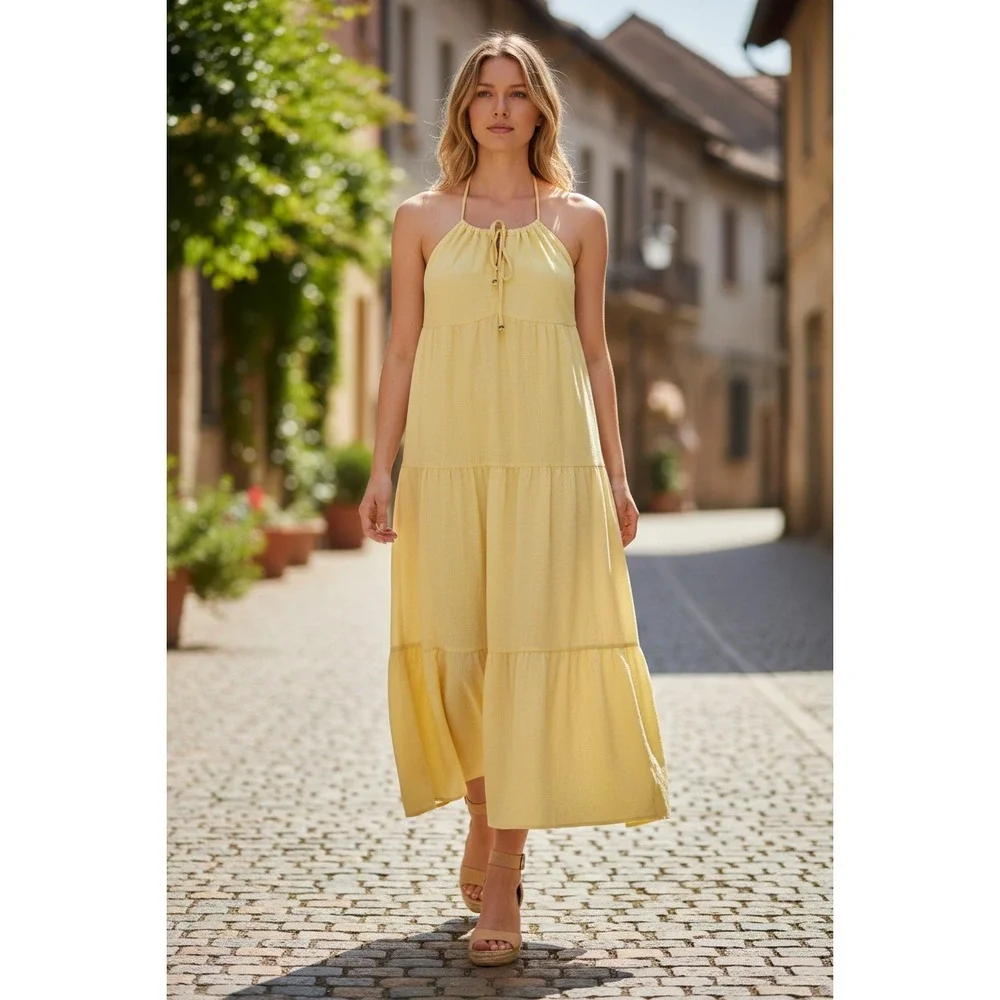 Cottagecore Boho Yellow Textured 100% Cotton Tiered‎ Maxi Halter Dress S NWOT